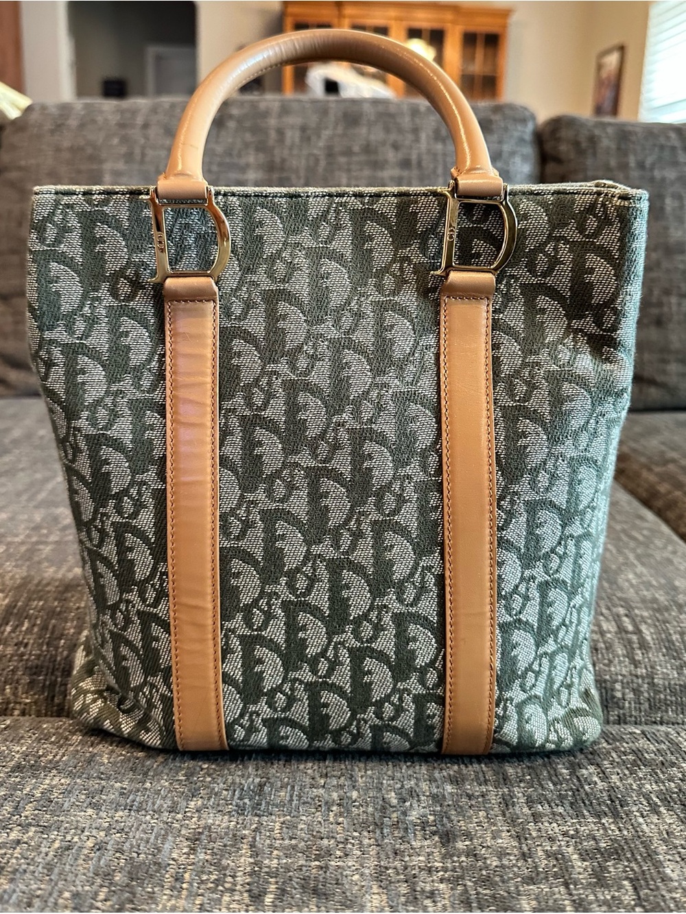 Vintage Christian Dior Green Trotter Oblique Canvas Tote Shoulder Bag D Logo